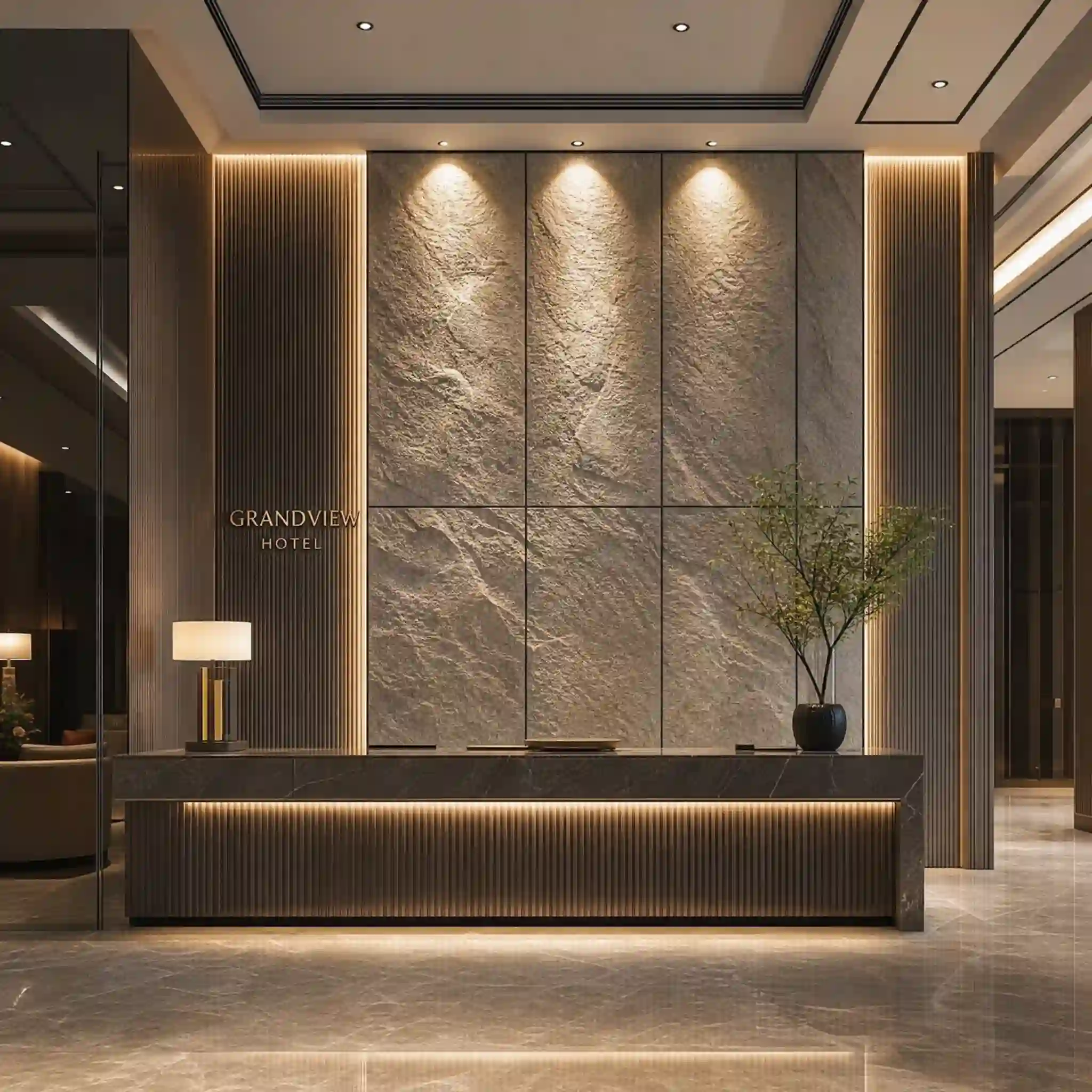 PU stone and fluted wall panels for hotel lobby feature wall design