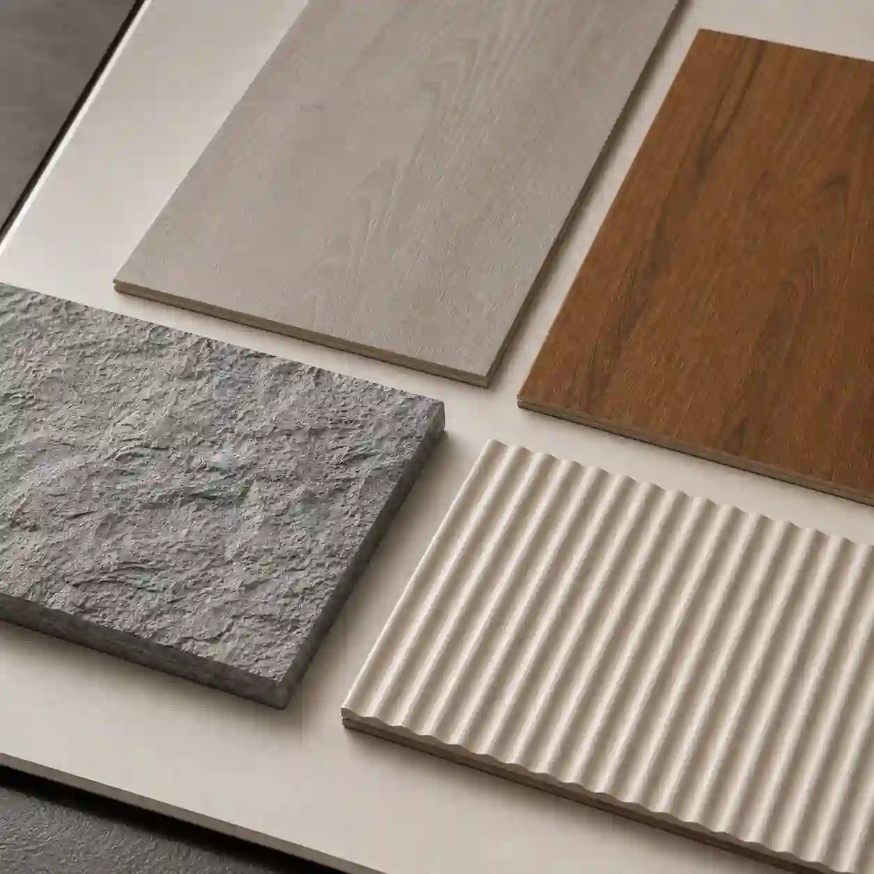 SPC WPC PU stone and fluted wall panel samples for hotel renovation