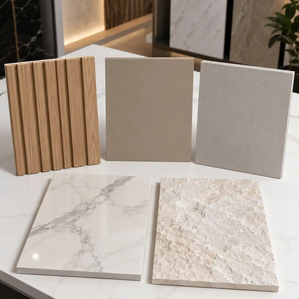 Interior decorative wall panel material samples including WPC PVC SPC fluted and PU stone panels