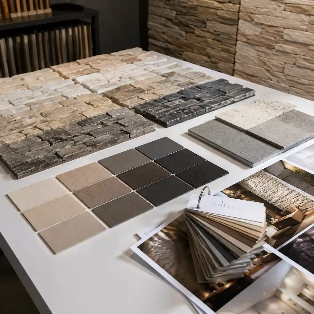 Polyurethane faux stone panel finish samples for repeated indoor wall projects