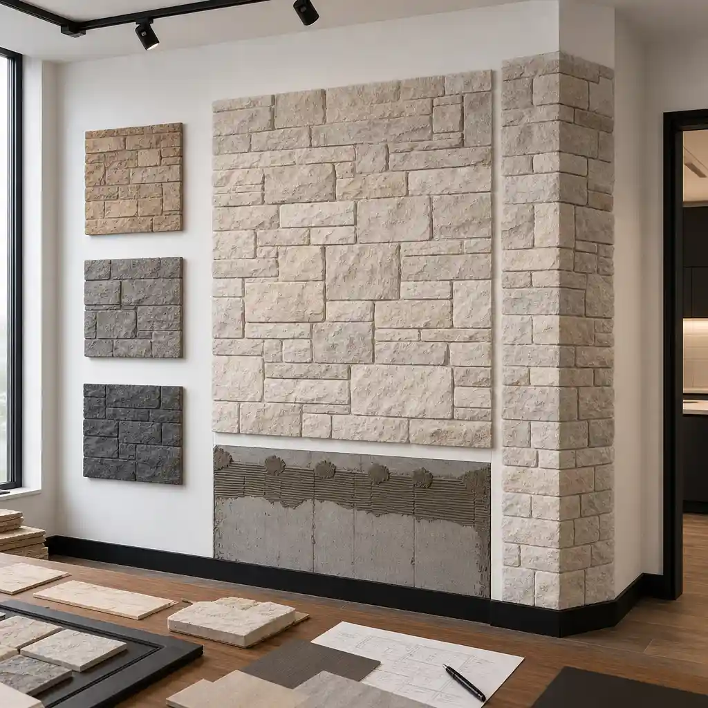 Polyurethane faux stone panels for indoor wall planning with texture scale and corner details
