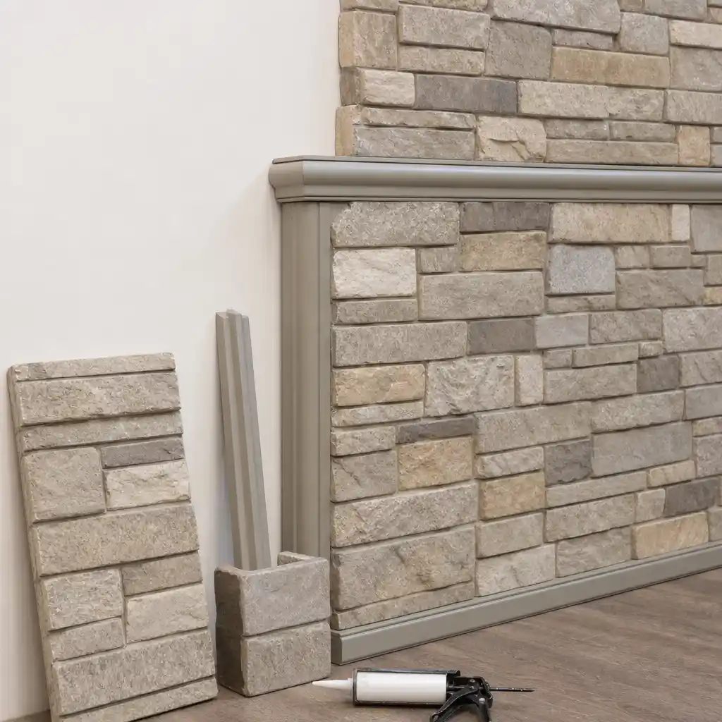 Polyurethane faux stone panels with protective packing spare panels and project delivery preparation