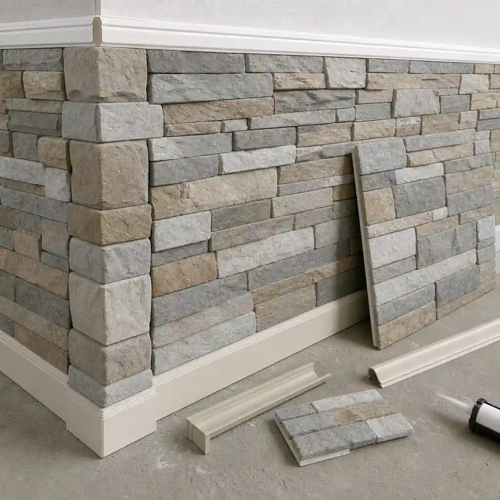 Polyurethane faux stone panels with trims corner pieces sealant and spare panel planning