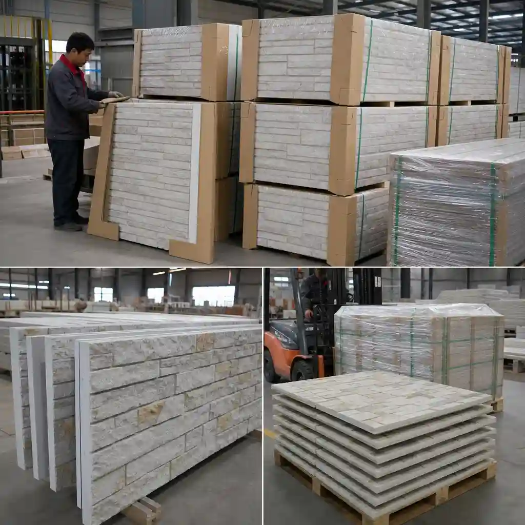 Polyurethane stacked stone panels with protective packing spare panels and project delivery preparation