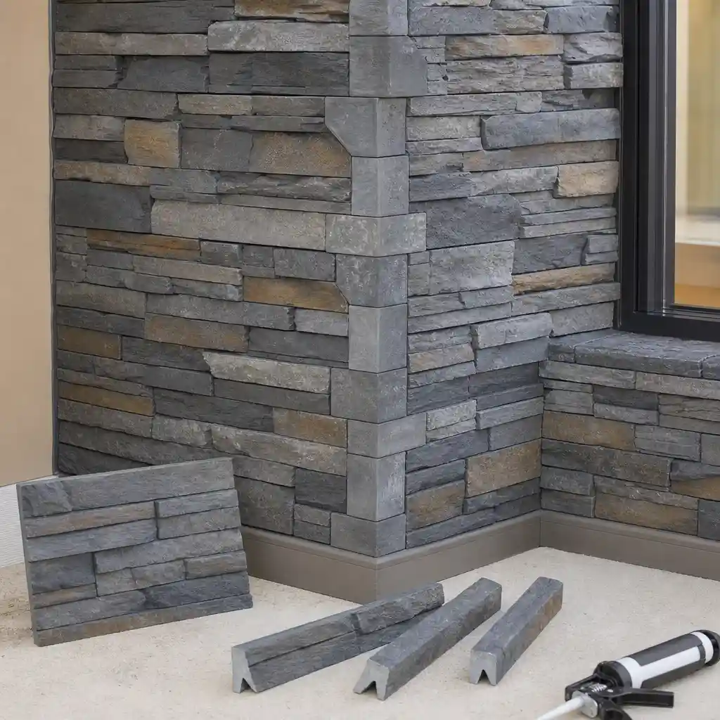 Polyurethane stacked stone panels with trims corner pieces sealant and spare panel planning