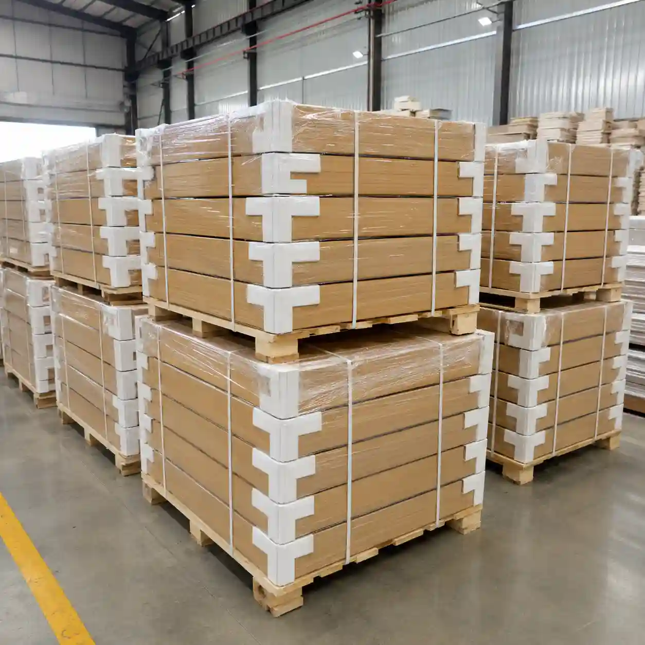 Paneles de piedra de PU embalados en cajas de cartón y protegidos con palés para la entrega al por mayor en proyectos