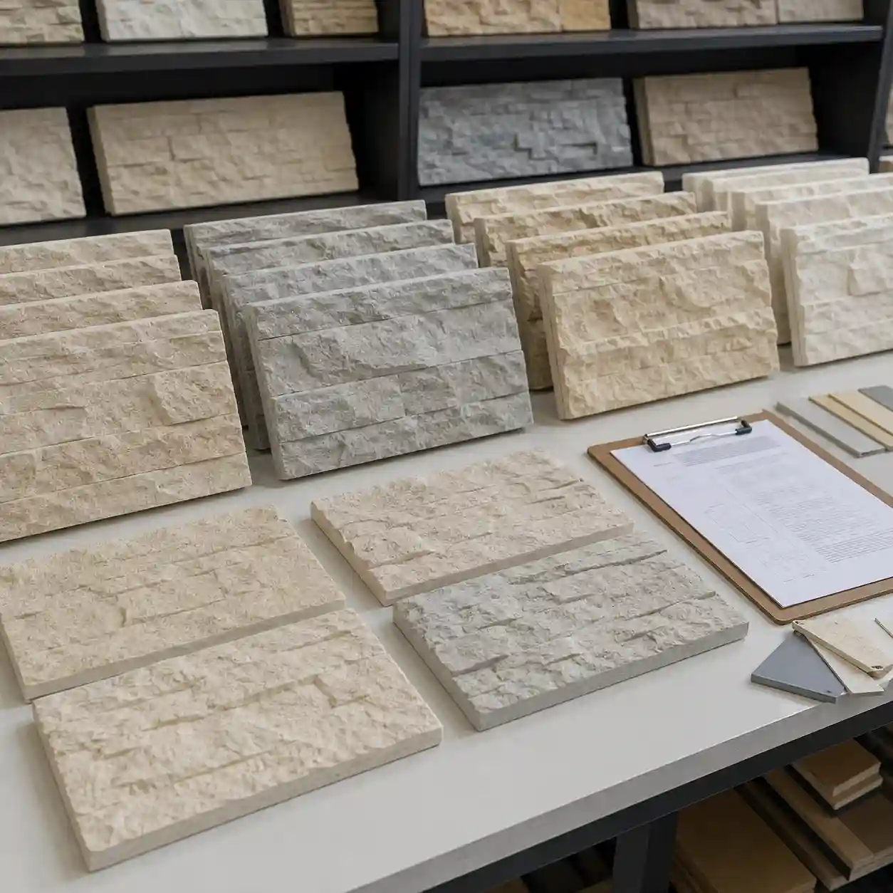 Muestras de acabado de paneles de piedra de PU preparadas para la igualación de lotes en proyectos de interior repetidos