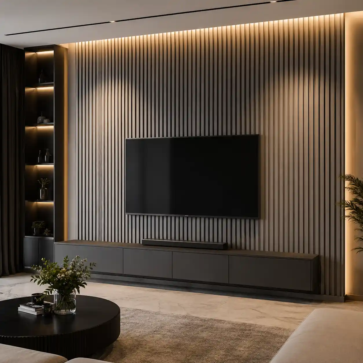 PVC fluted wall panel finish tested under side lighting for TV walls and interiors