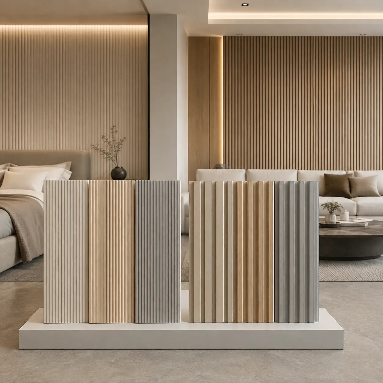 PVC fluted wall panels with shallow and deep groove profiles for different room sizes