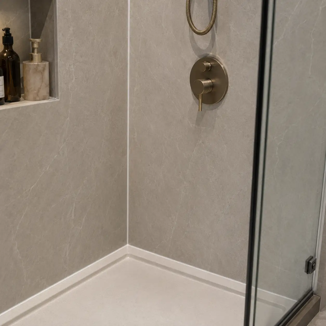 PVC shower wall panel sealing detail around corners, faucet openings and shower screen edges