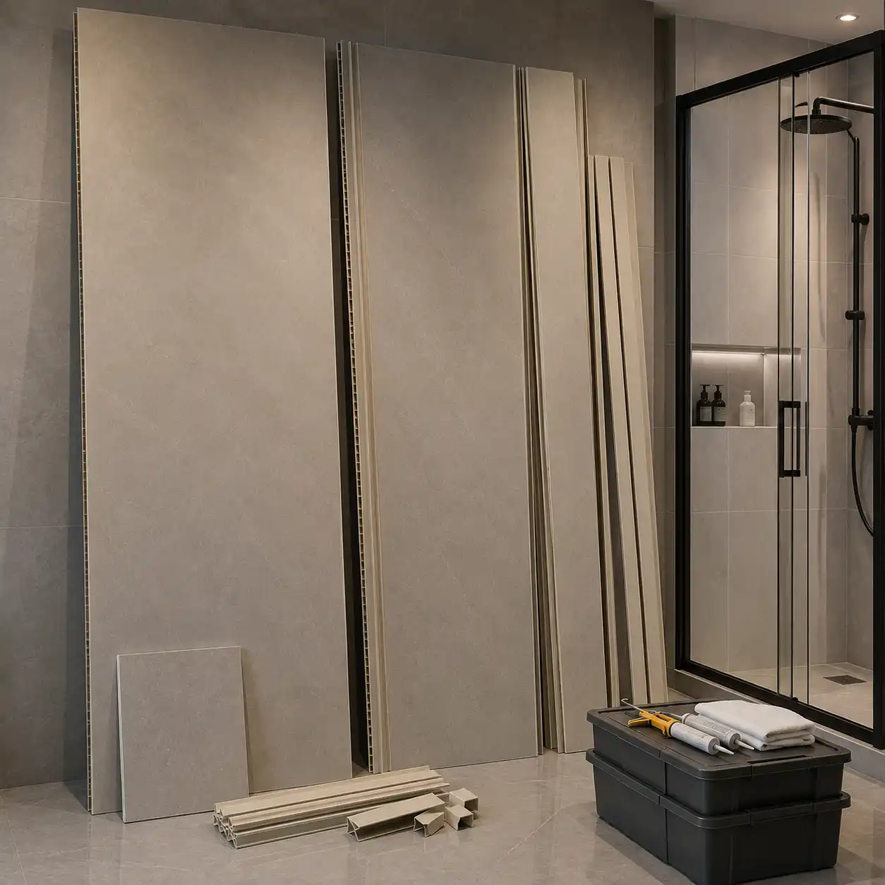 Matching spare PVC shower wall panels kept for future bathroom repair