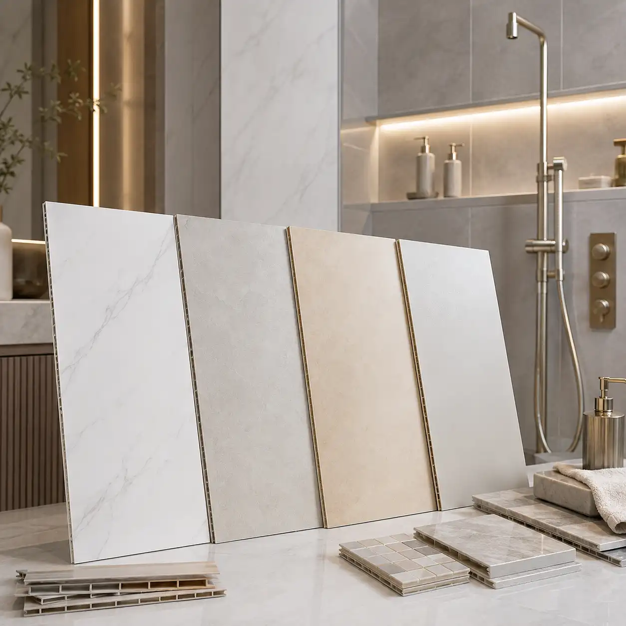 Light marble and satin PVC shower wall panel finishes that help hide water marks