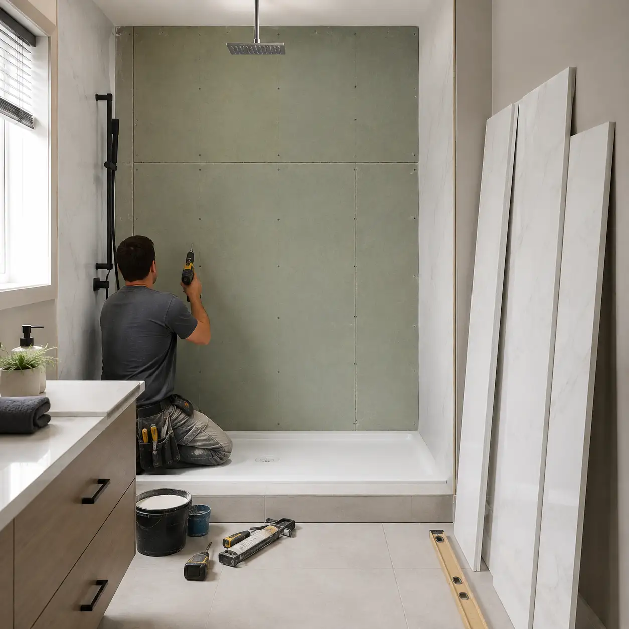 PVC shower wall panels installed over a prepared wet-area wall substrate