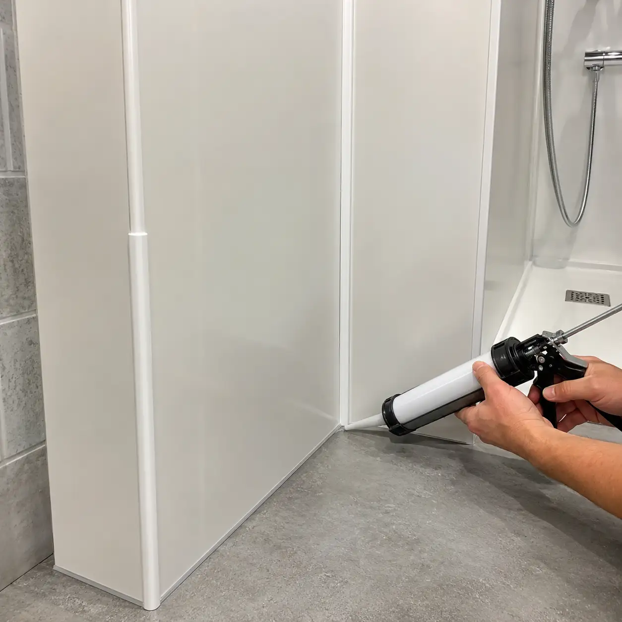 PVC wall cladding trims joints and edge sealing detail for wet area installation