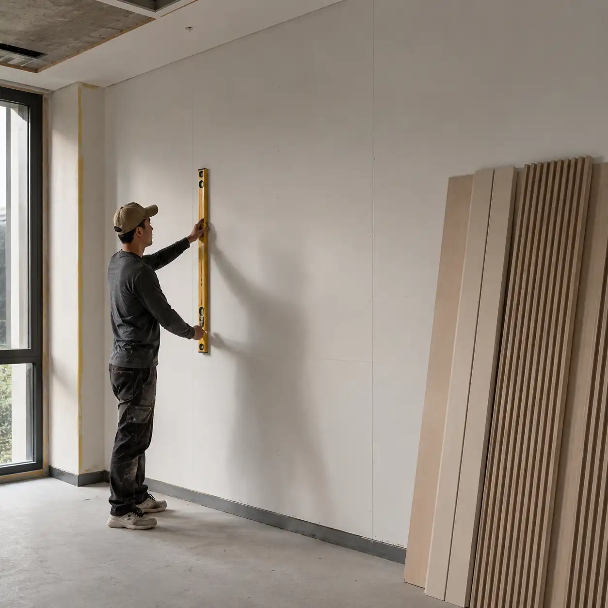 Checking wall condition before installing PVC wall cladding in a commercial interior project