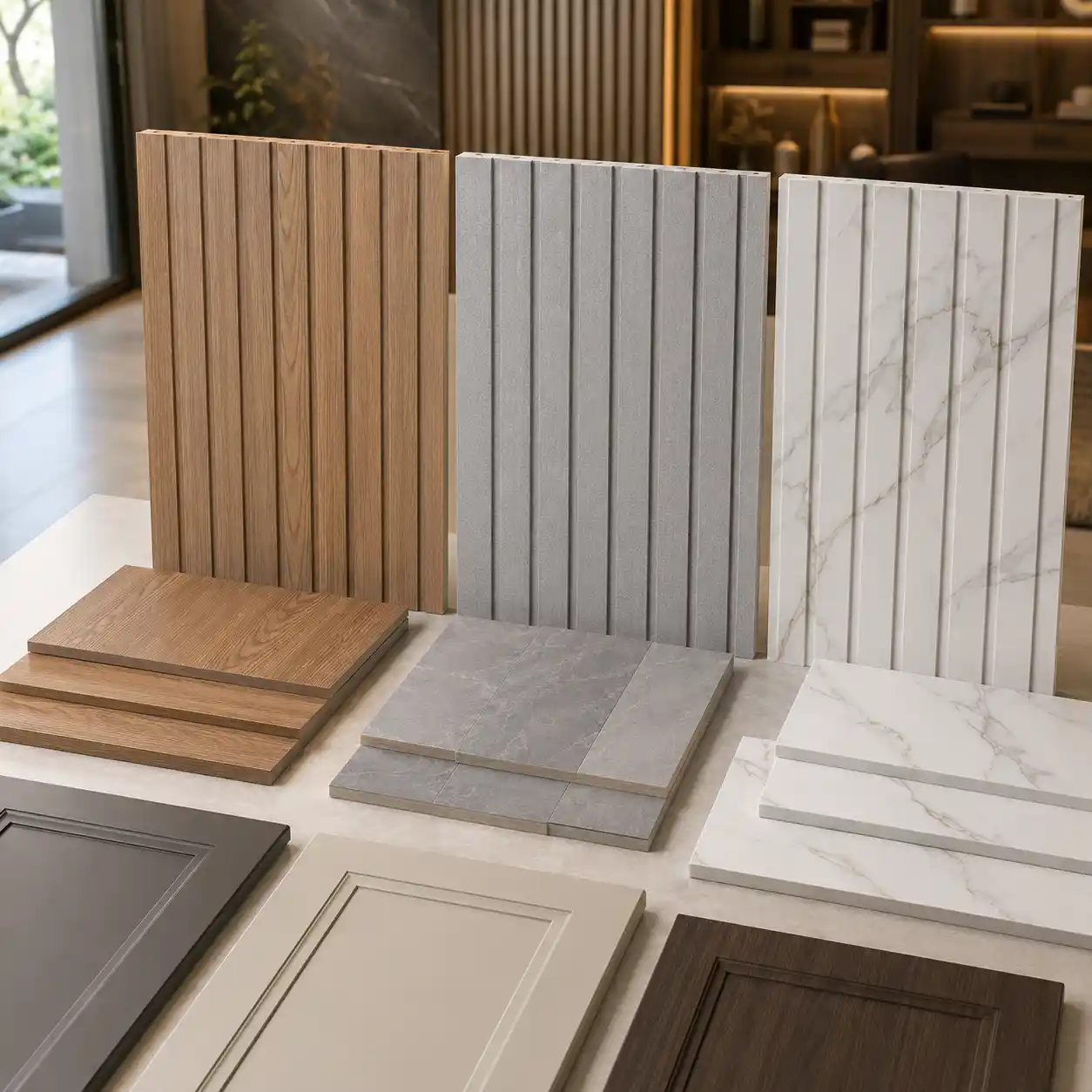 PVC wall panel finish samples compared with lighting, flooring and furniture colors