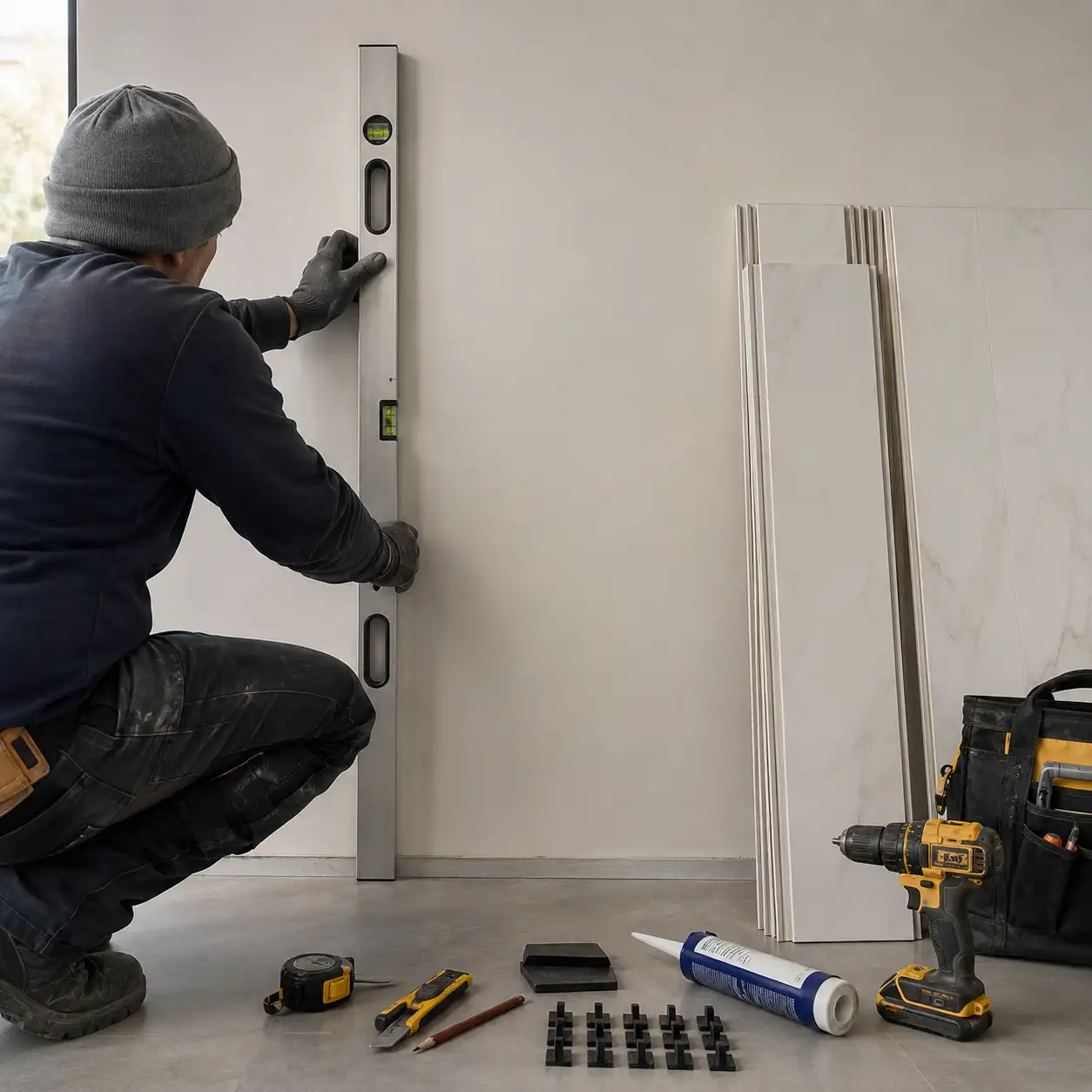 Installer checking a flat wall substrate before PVC wall panel renovation
