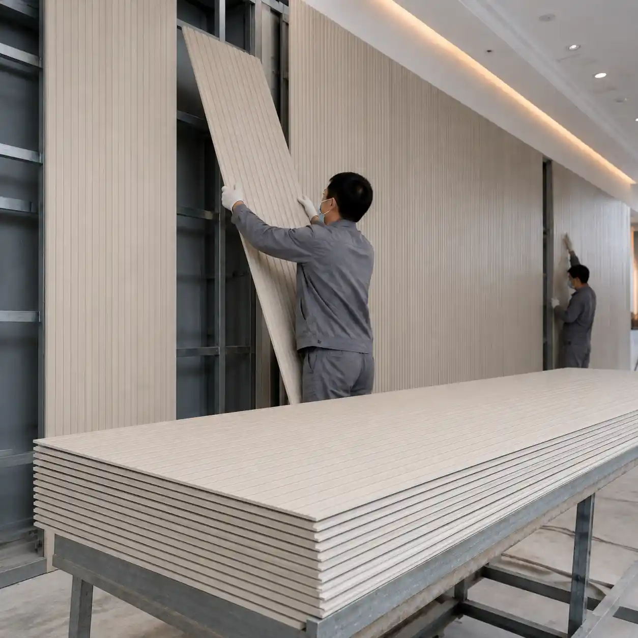 Panel de pared acanalado de WPC con núcleo sólido y ranuras verticales más profundas, ideal para paredes decorativas de interior de alta calidad