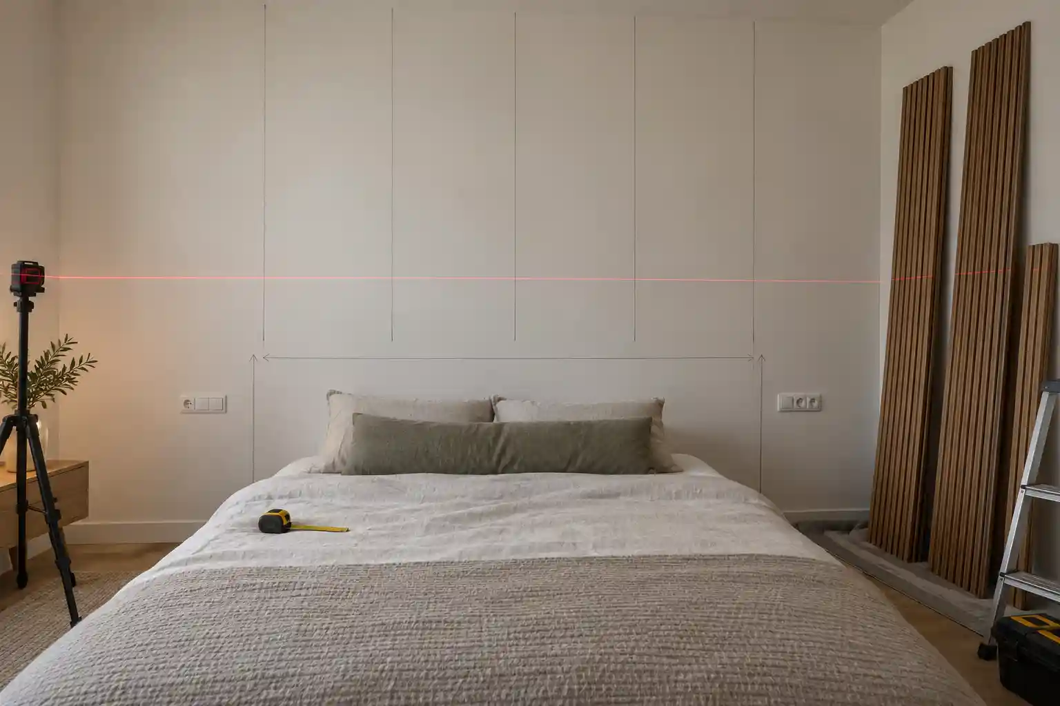 Bedroom wall panel layout planning with wall measurements and outlet positions