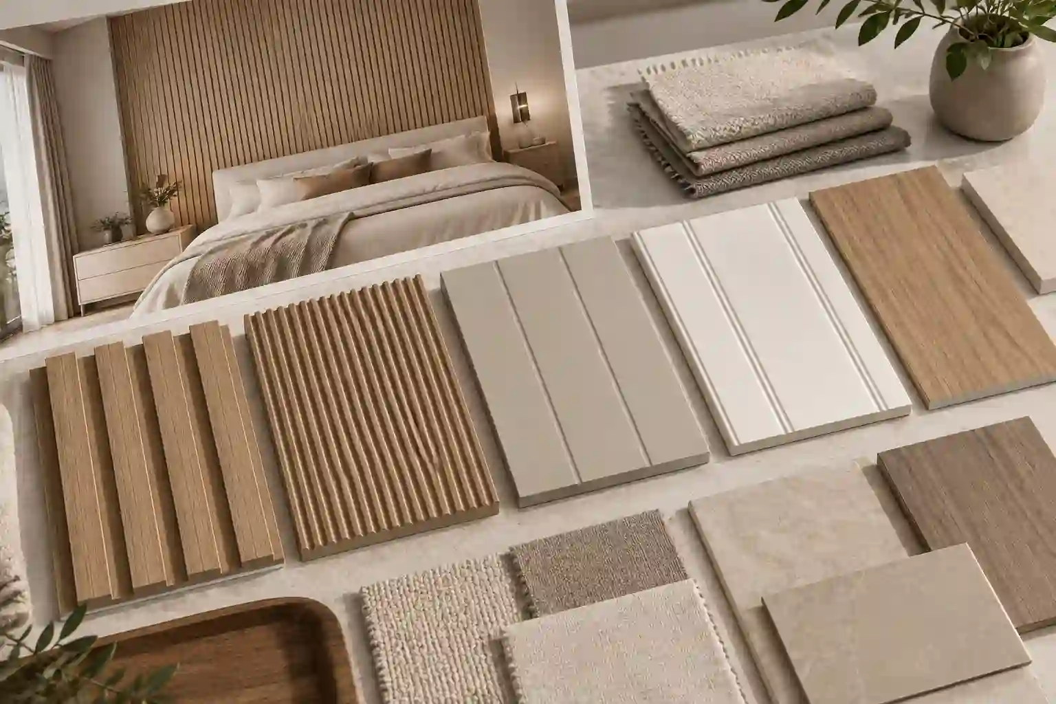 WPC fluted PVC MDF and wood wall panel samples for bedroom planning