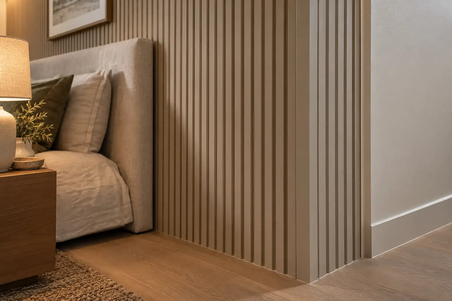 Close-up of clean wall panel trims on a bedroom feature wall edge