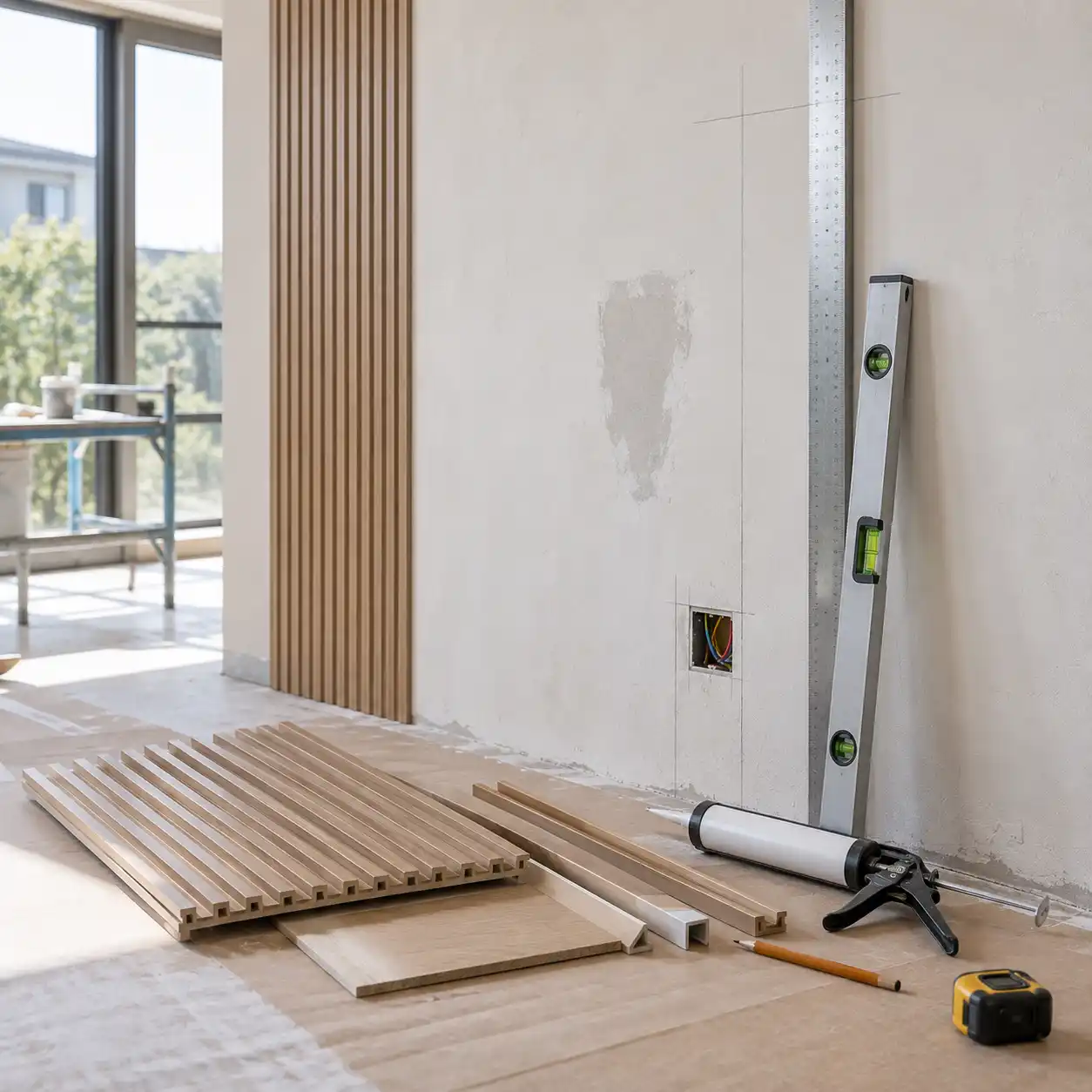Checking an old wall for dryness and flatness before wall panel installation