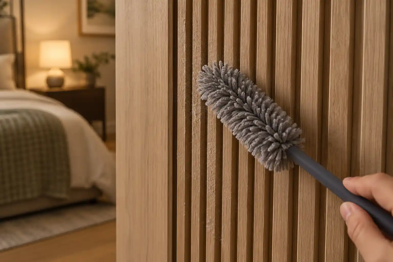 Soft brush cleaning dust from fine fluted bedroom wall panels
