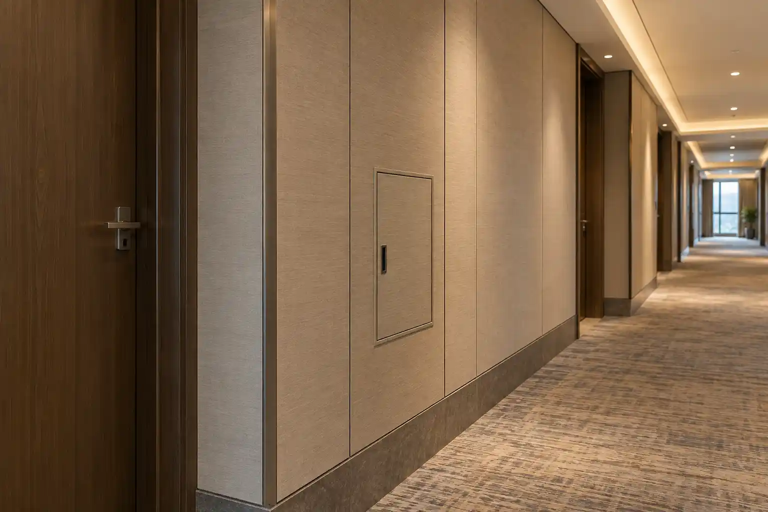 Wall panel system with trims corners and service openings in a corridor