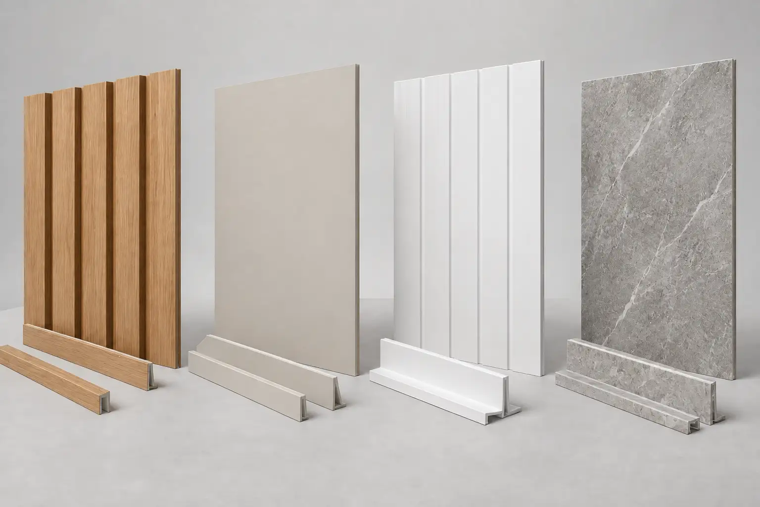 Decorative wall panel material samples compared for commercial interiors