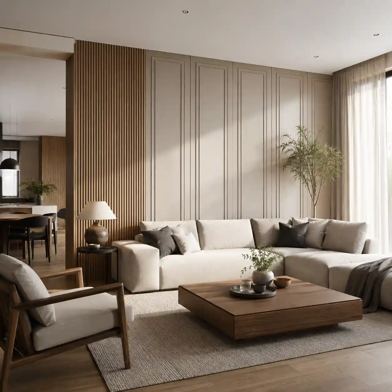 Decorative wall panels in a modern living room with warm wood feature wall