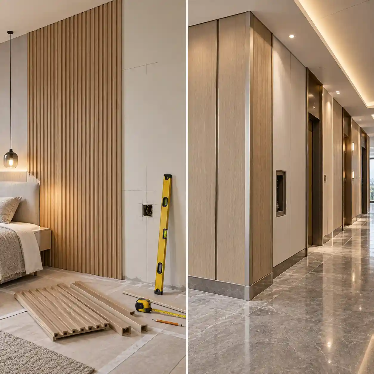 Simple home feature wall compared with a complex commercial wall panel installation