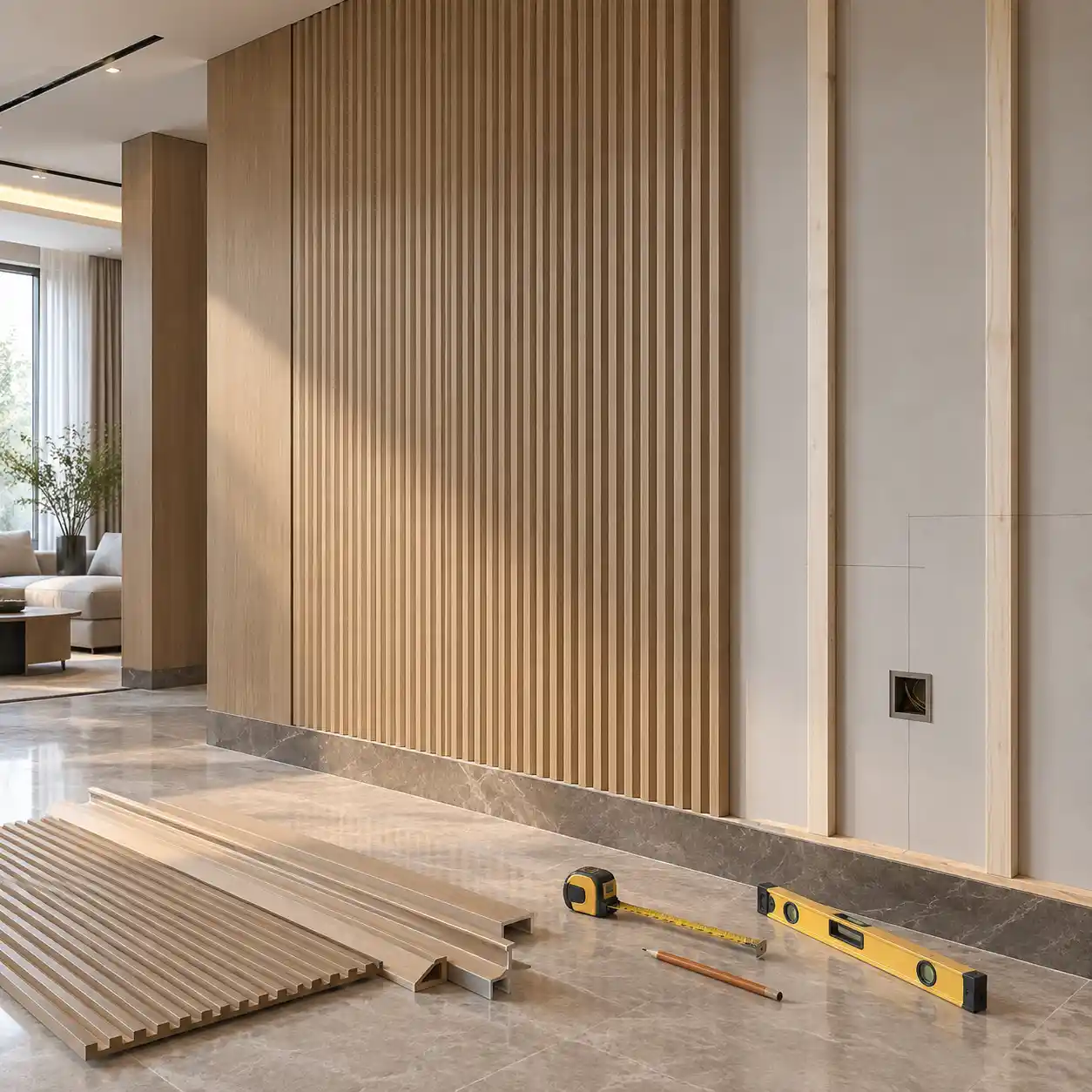 Feature wall planning with fluted wall panels, measuring tools and matching trims