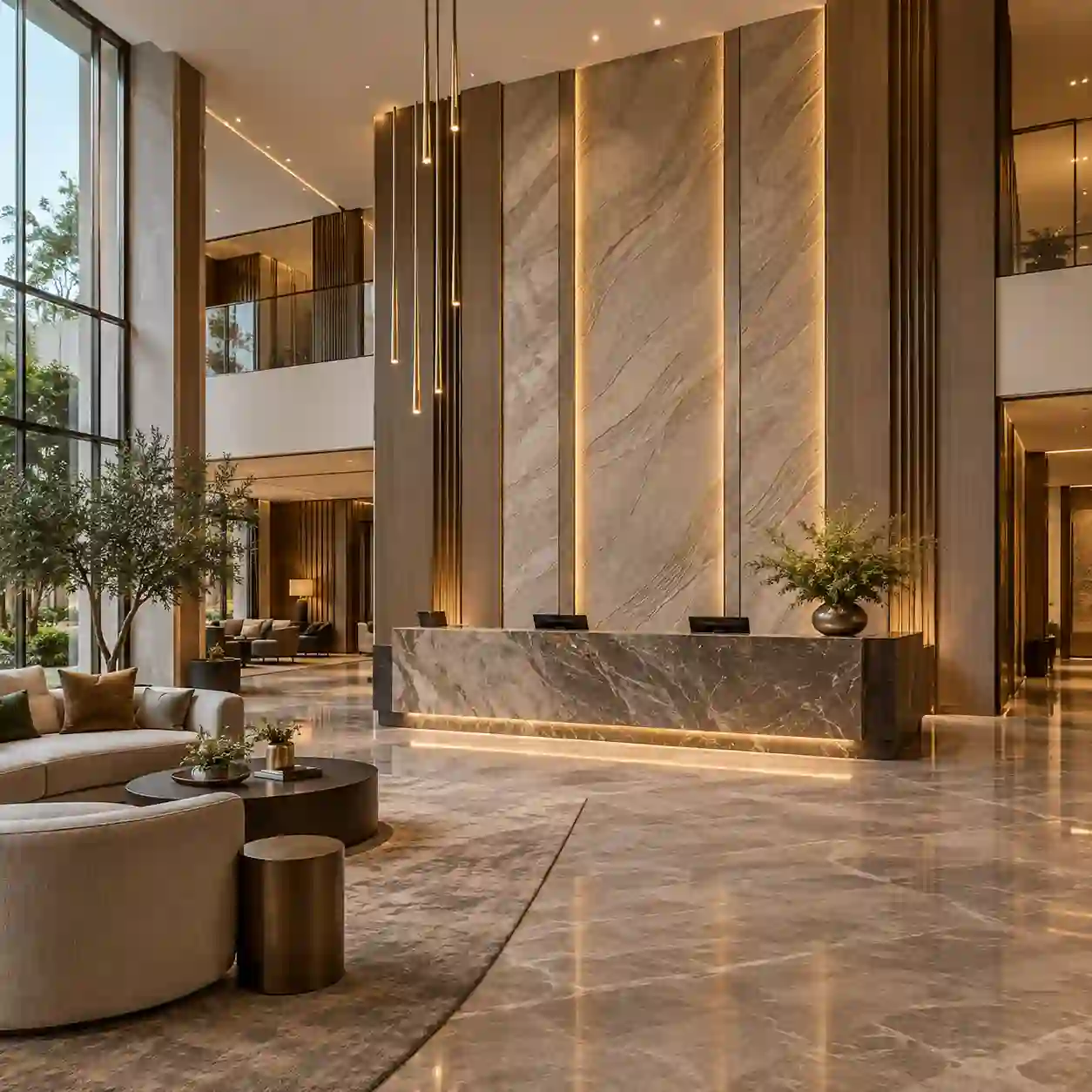 Modern commercial interior with decorative wall panels in a hotel lobby