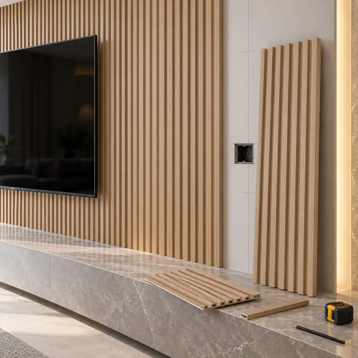 Fluted wall panel layout planned from a centre line around an outlet