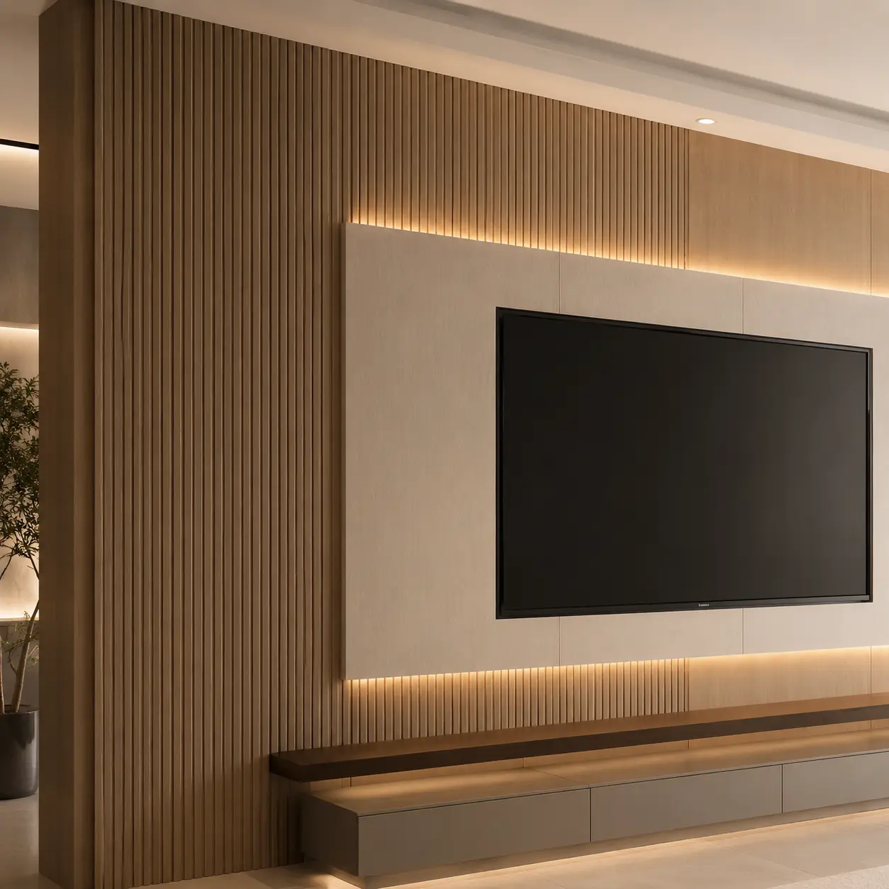 Fluted WPC wall panels used for a modern living room TV wall design