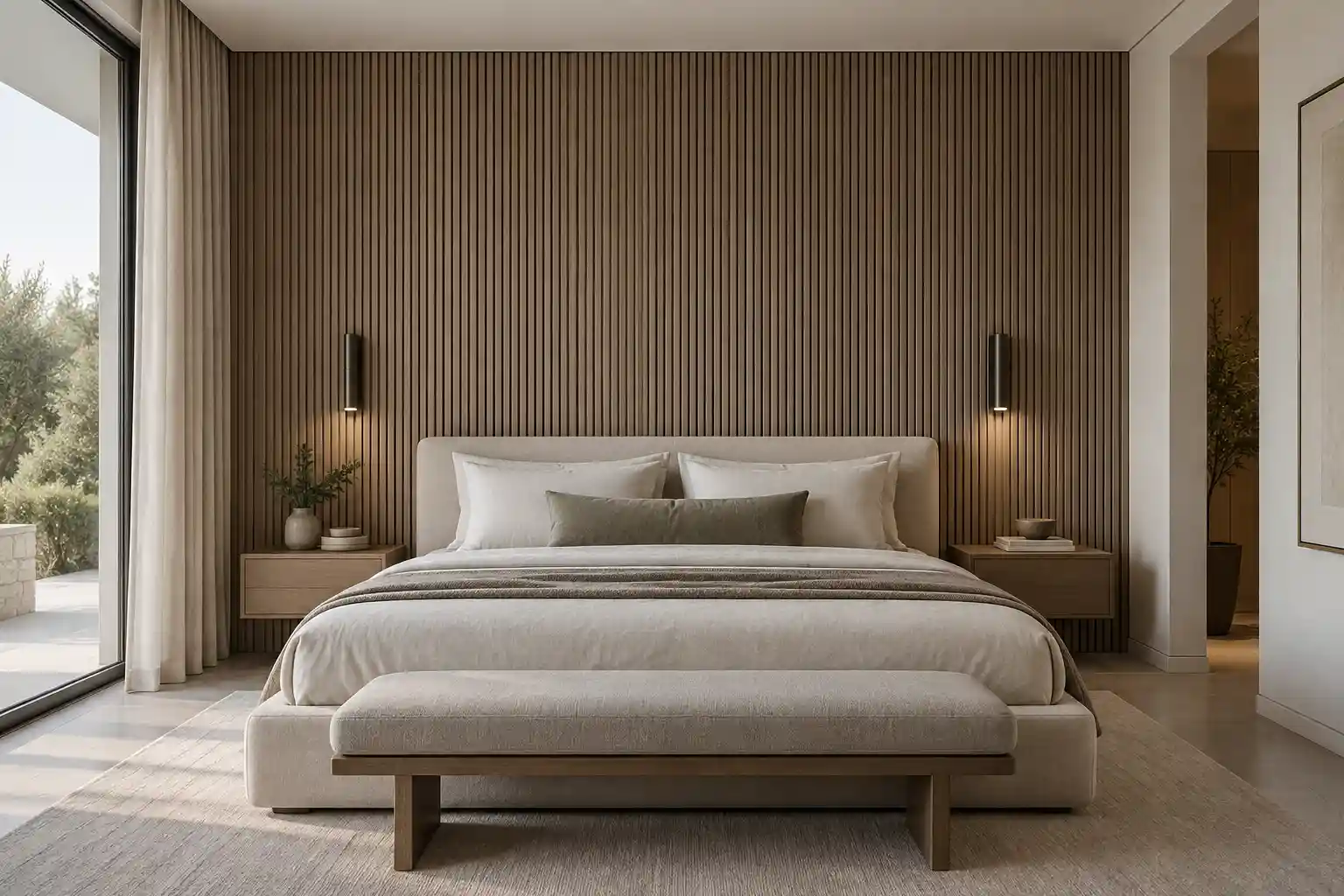 Full-height fluted wall panels creating a calm bedroom feature wall