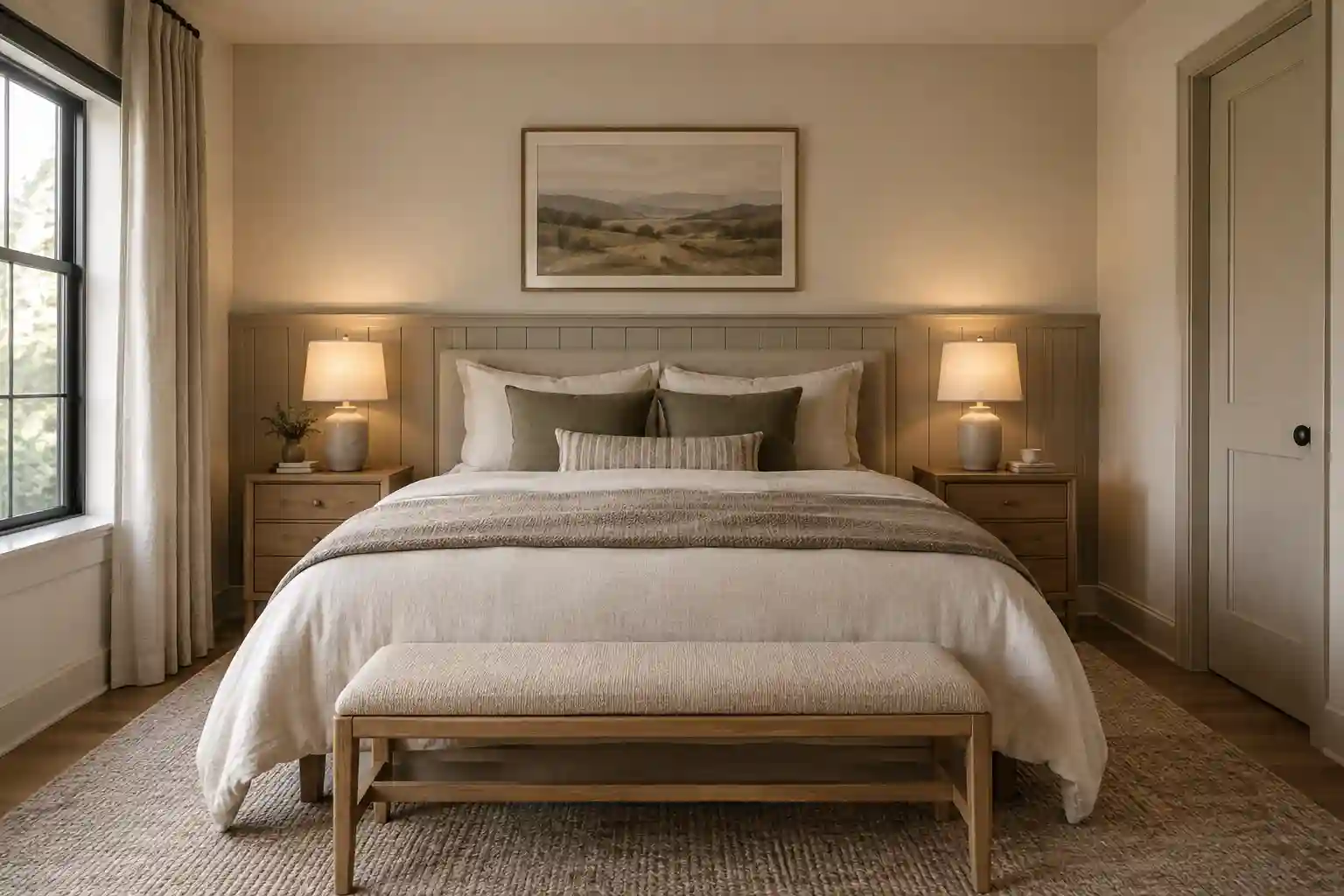 Headboard-height wall panelling framing a bed and bedside tables
