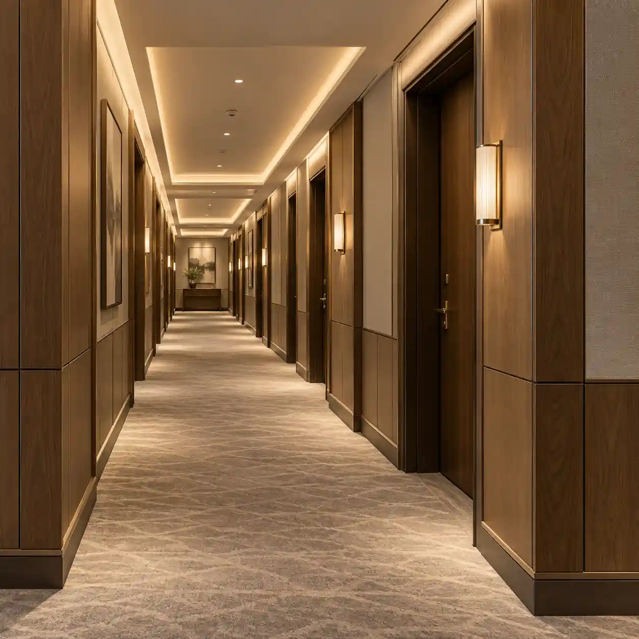 Hotel corridor wall panels with planned trims, protected corners and warm lighting