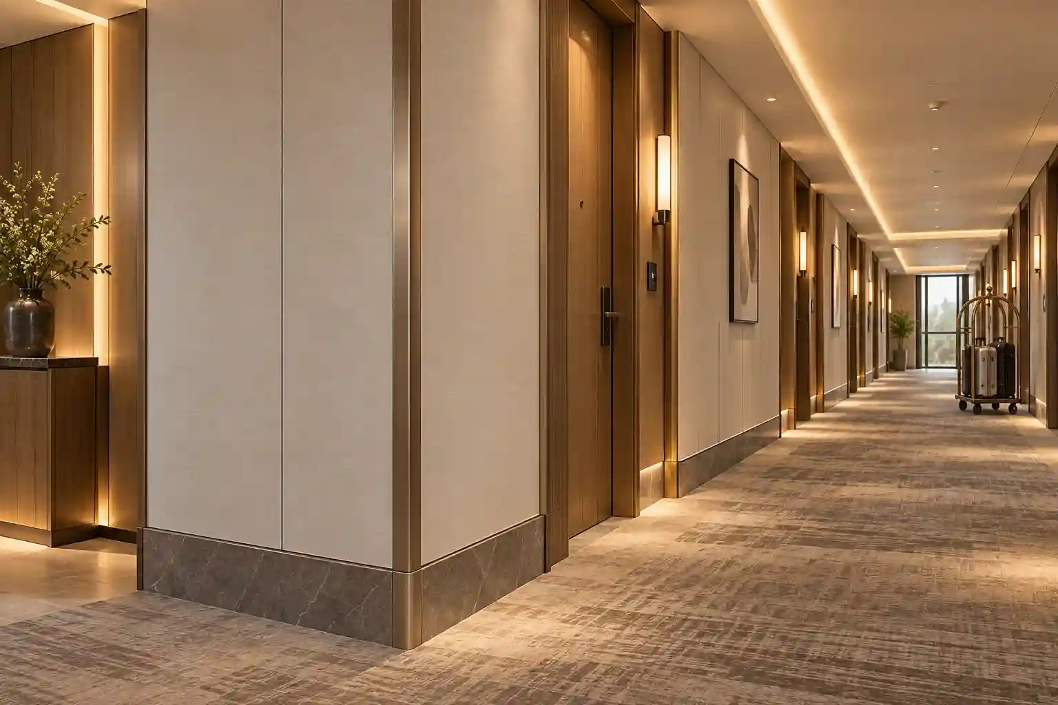Hotel corridor wall panels with protected corners and lower impact zones
