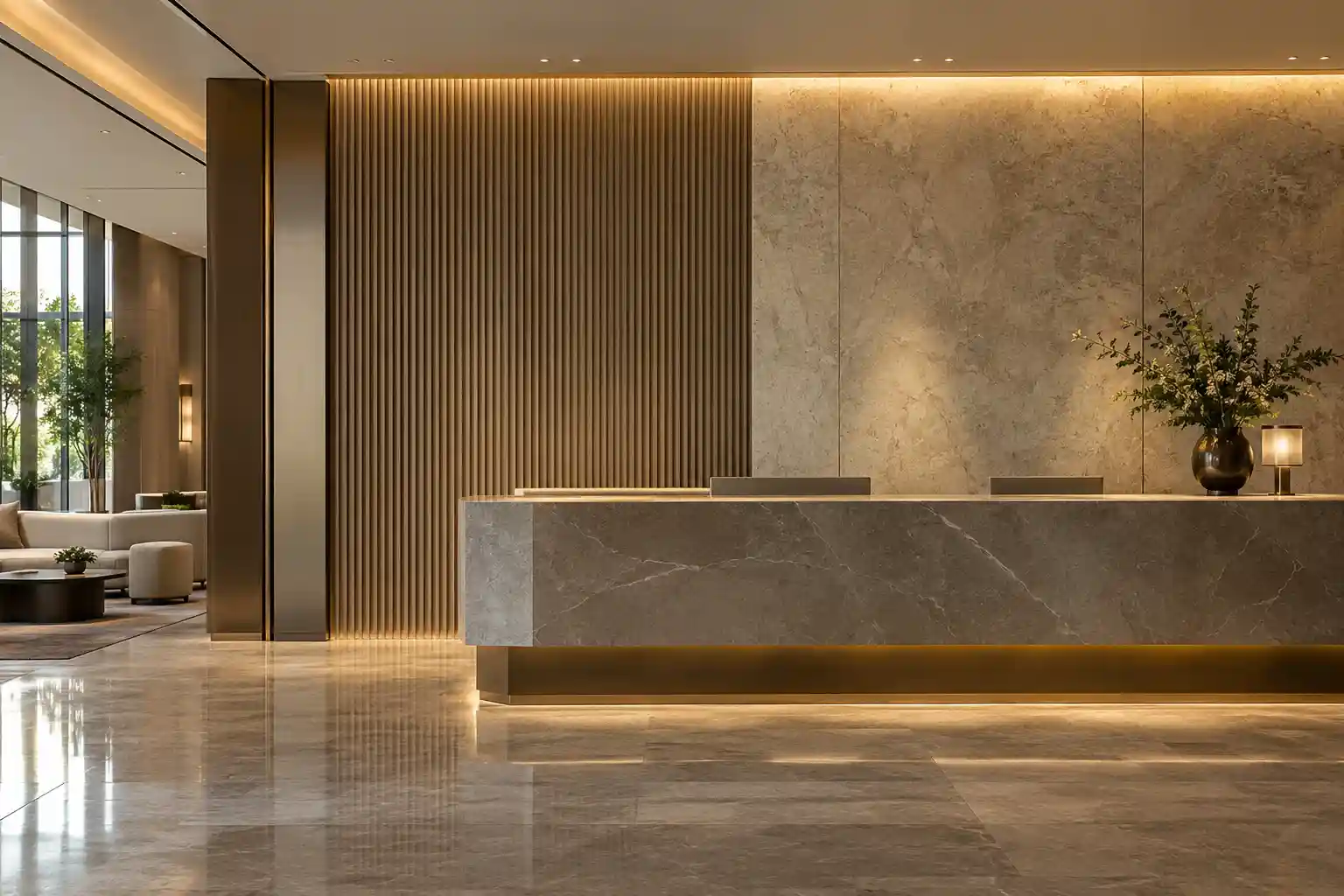 Fluted and stone-look wall panel feature wall in a hotel lobby