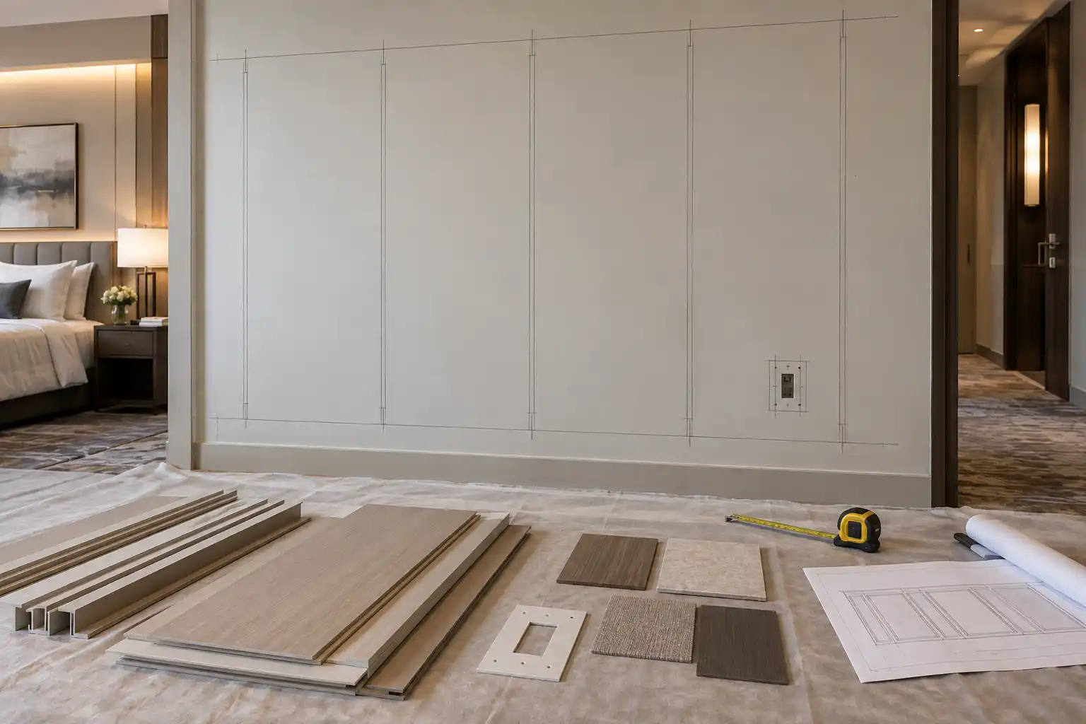 Hotel wall panel layout with trims outlet cuts and measurement planning