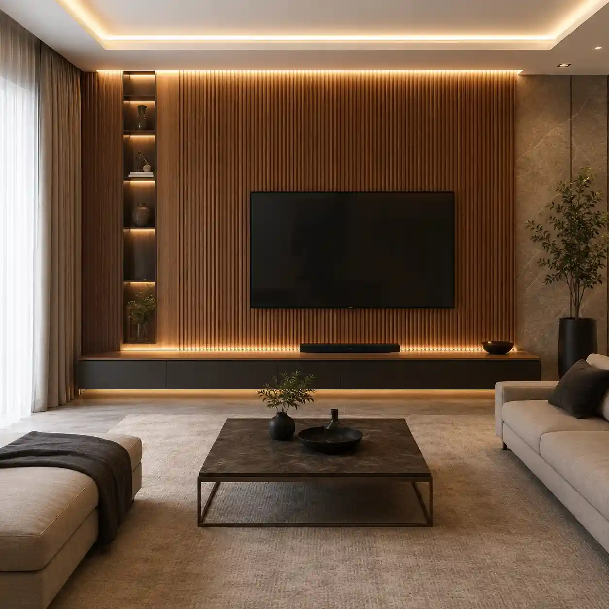 Interior wall panels for living room TV wall with warm wood fluted panels