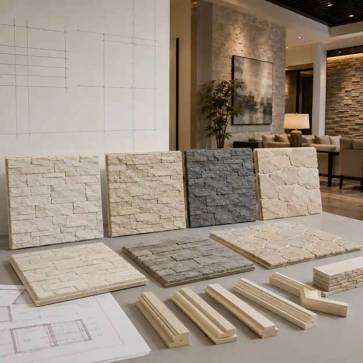 Lightweight polyurethane foam stone panels selected for indoor wall project areas