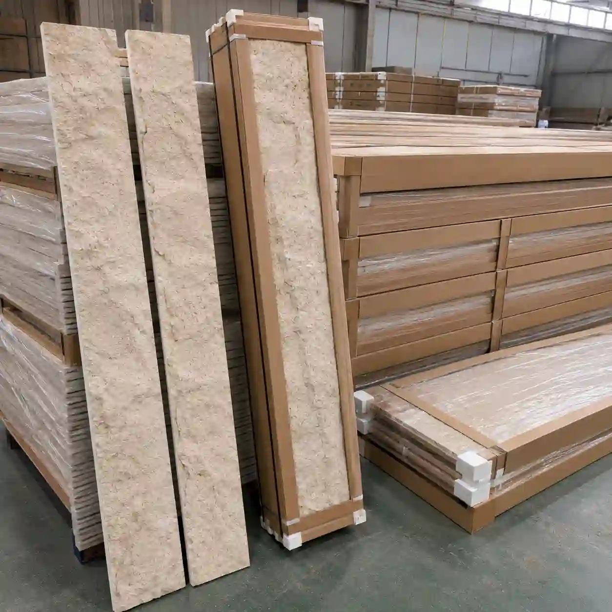 Lightweight PU stone panels packed with corner protection and spare panels for project orders