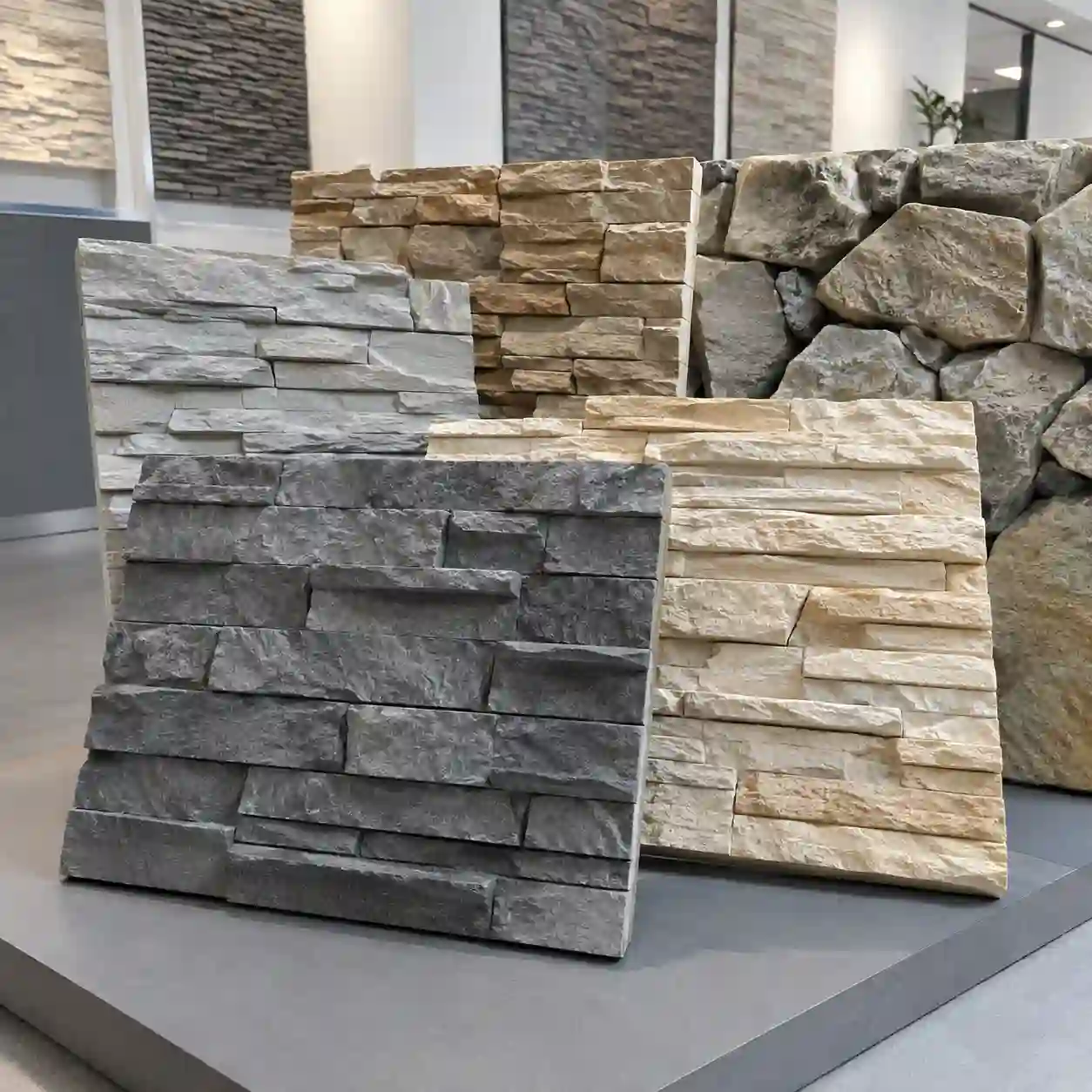 Lightweight PU stone panel samples showing texture depth and stone-look finishes