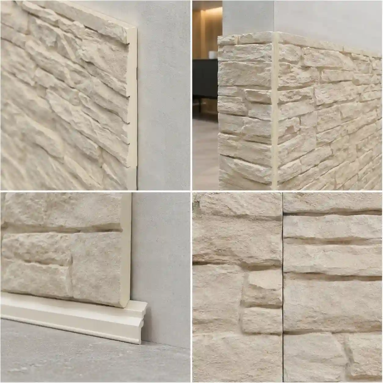 Lightweight PU stone panel trim and edge detail for indoor wall installation