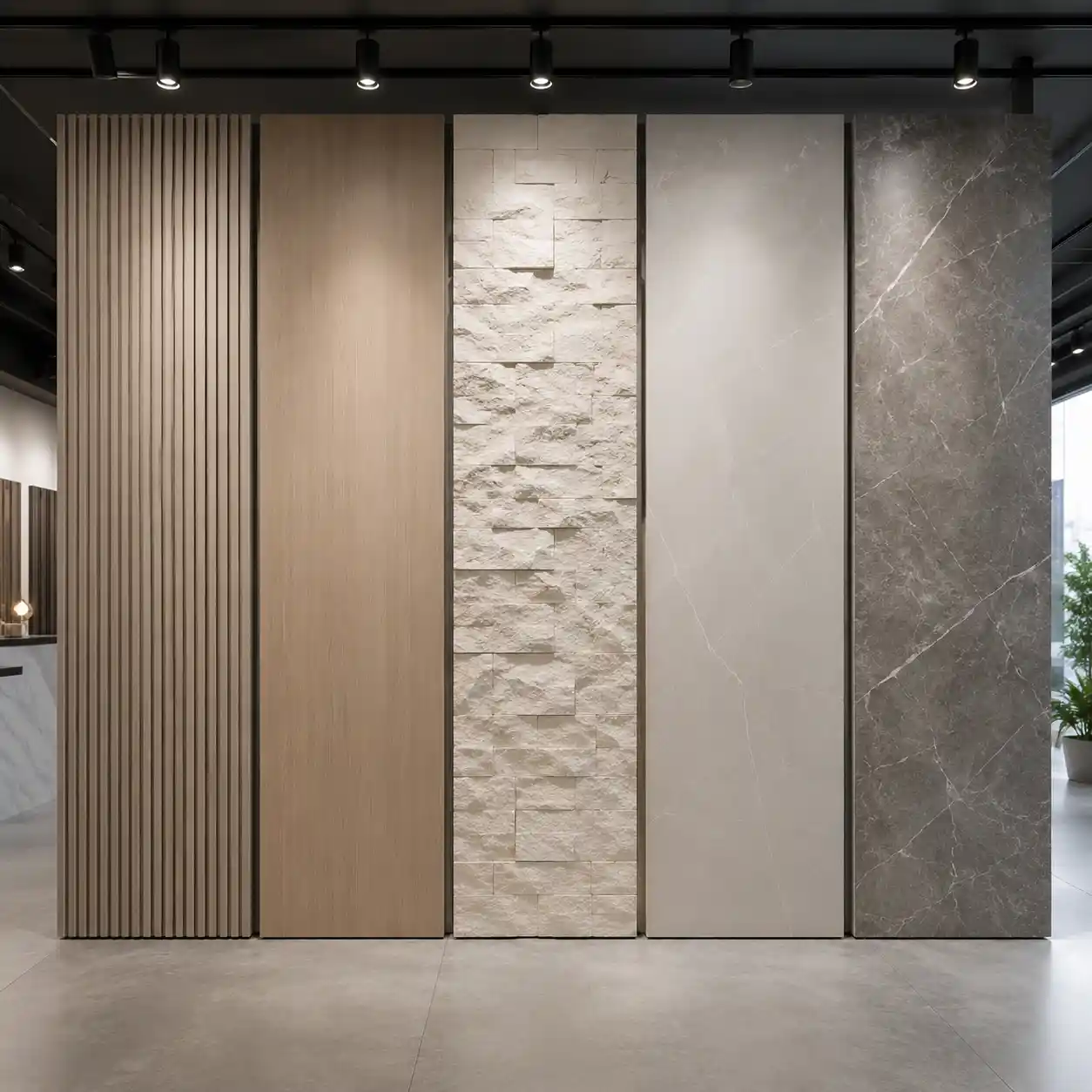 Living room wall panel material comparison with fluted WPC PU stone PVC and SPC panels