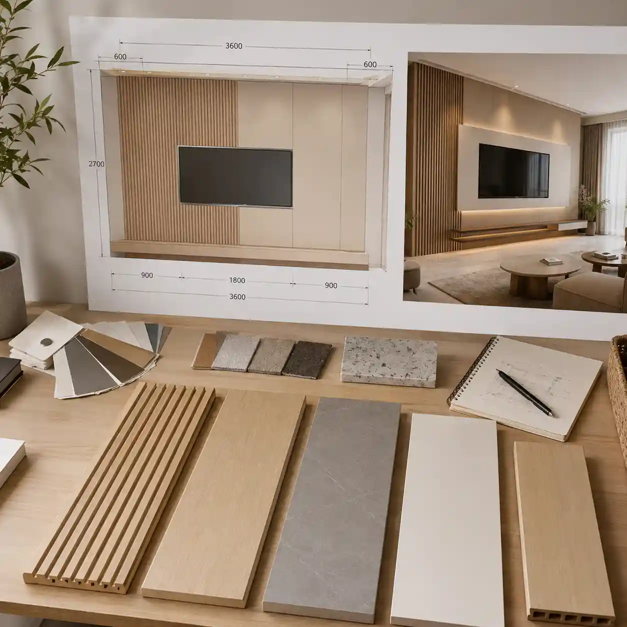 Living room wall panel size and color planning with samples and measurements