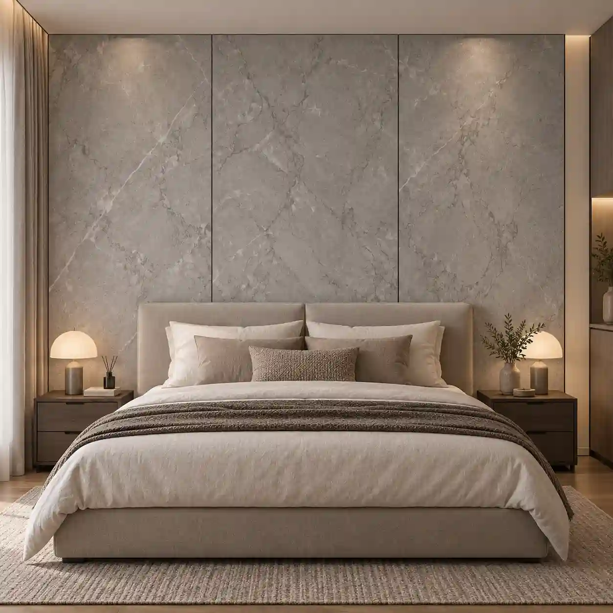 Close view of a marble-effect PVC wall panel surface and panel edge