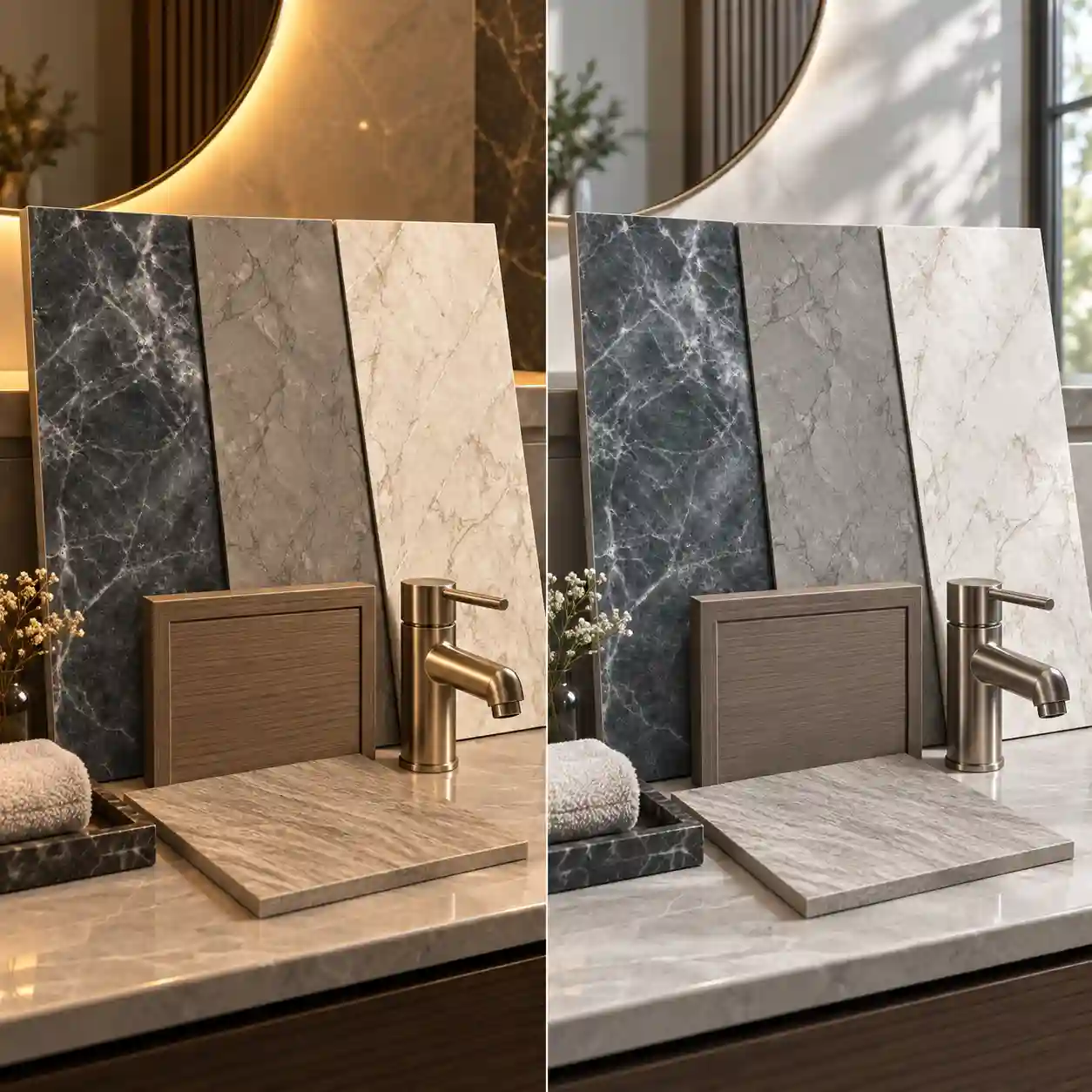 Marble PVC wall panel samples with vanity, flooring and faucet finishes under bathroom lighting